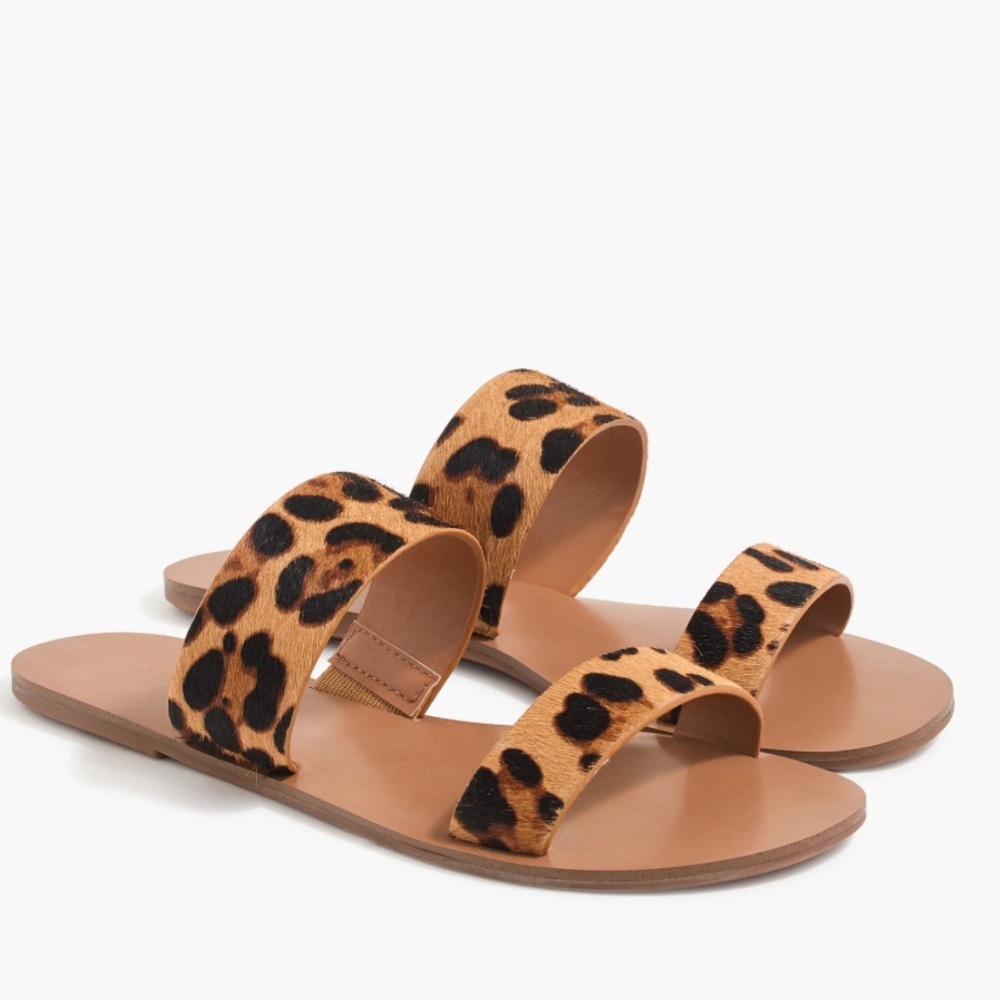 J.Crew Double Strap Leopard Calf‎ Hair Slides Flats Women’s Size 9 -